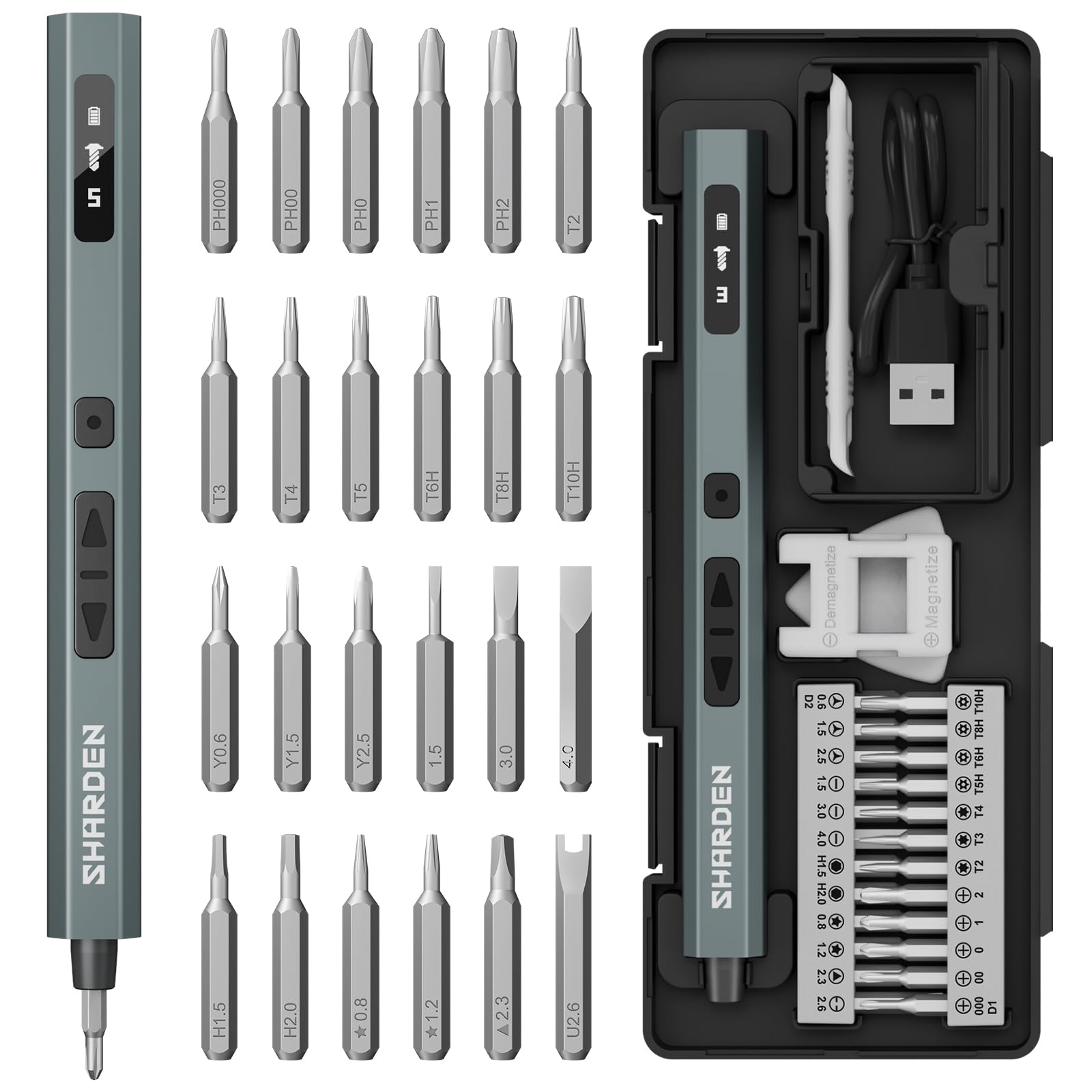 SHARDEN Mini Electric Screwdriver, 29 in 1 Small Electric Screw Driver Kit with 24 Magnetic Bits, Precision Cordless Repair Tool for Phone, Camera, Laptop, Watch