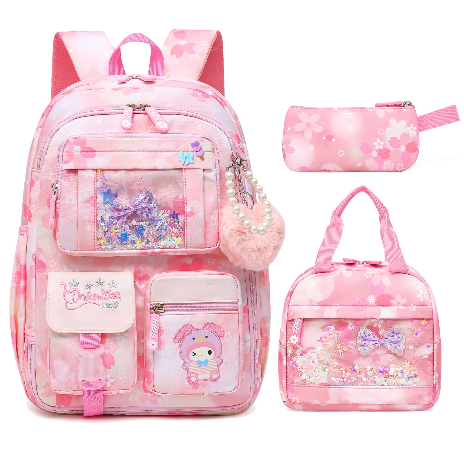 Lovely Girls Backpack School Bag for Students Kids Book Bag with Multiple Pockets Splash-proof Children's Backpack（17inch Pink）