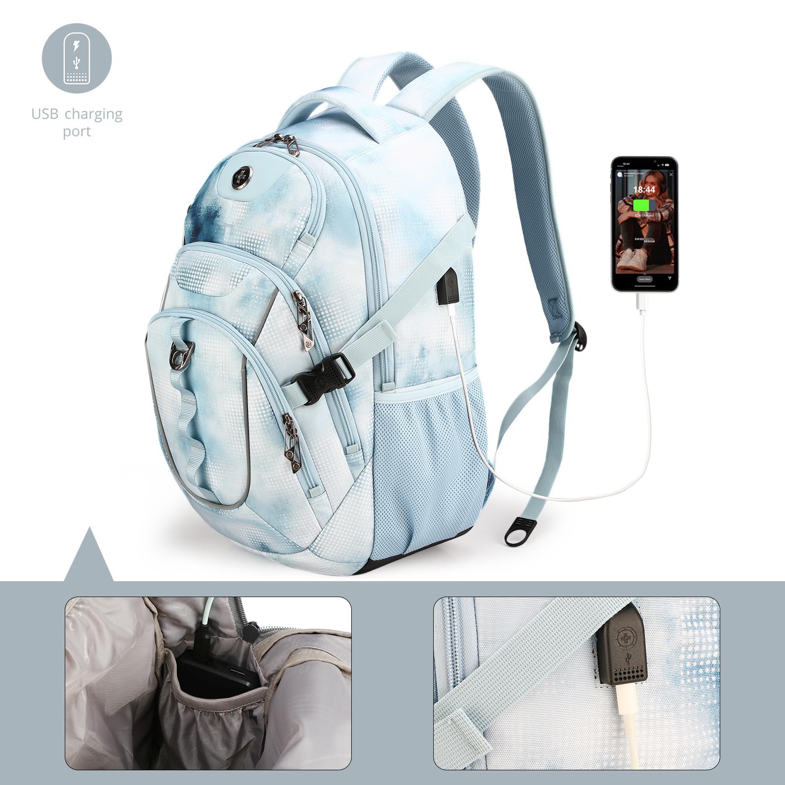 Swissdigital Design Laptop Backpack with USB Charging Port, Travel Backpack Fits 15.6 inches Computer, 31L College School Backpack for Men, Black | SD803-01