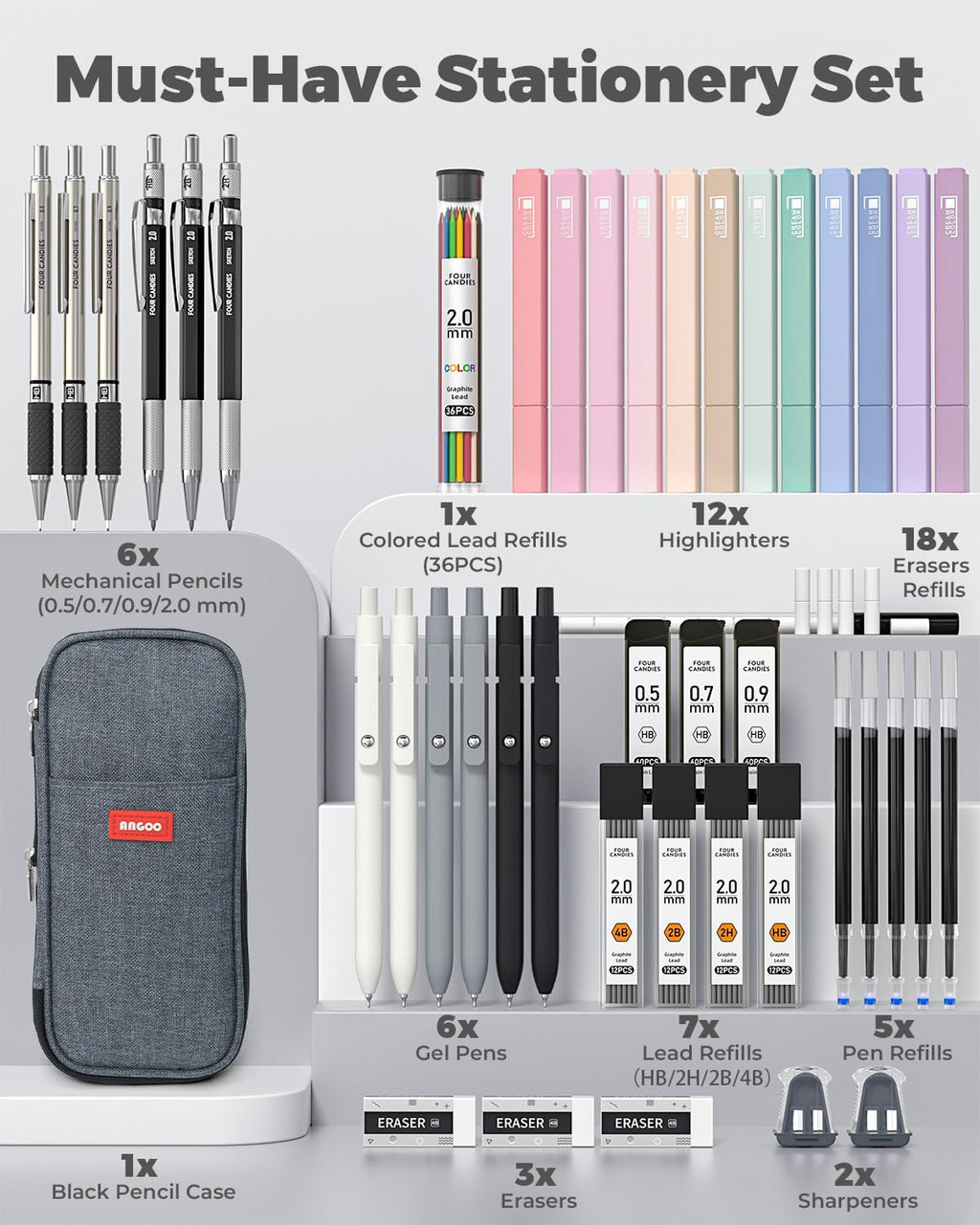 Four Candies 39 PCS Aesthetic Stationery Set with Cute Pen Case, College Supplies and Nursing Essentials, 12 Pastel Highlighters, 5 Black Gel Pens, 6 Mechanical Pencils, Pink