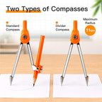 YPLUS Geometry Set for Students, Compass Drawing Tool with Metal Case, Math Protractor with Protractor, Rulers, Metal Compass, Mechanical Pencil - 12 Pcs, Back to School Supplies for Students