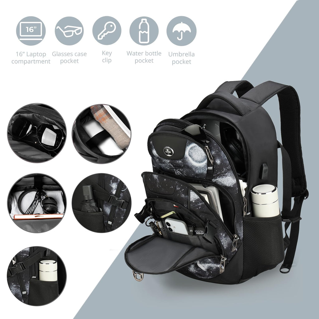 Swissdigital Design Laptop Backpack with USB Charging Port, Travel Backpack Fits 15.6 inches Computer, 31L College School Backpack for Men, Black | SD803-01