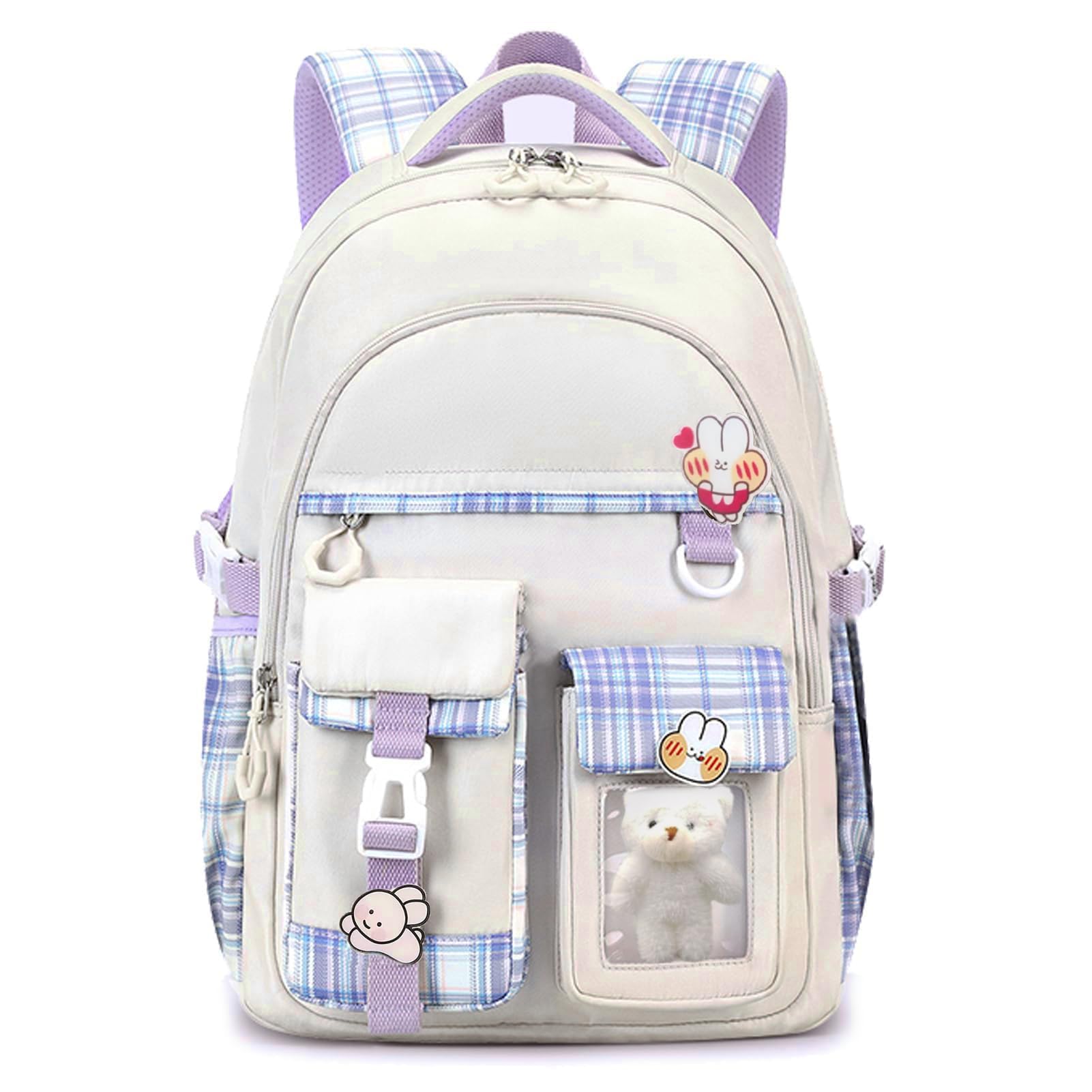 PRLINJSK Girls Backpack，Cute School Backpack for Girls Kids Teens，Kawaii Bookbag for Primary Elementary，Purple