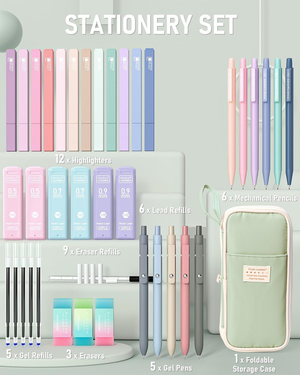 Four Candies 39 PCS Aesthetic Stationery Set with Cute Pen Case, College Supplies and Nursing Essentials, 12 Pastel Highlighters, 5 Black Gel Pens, 6 Mechanical Pencils, Pink