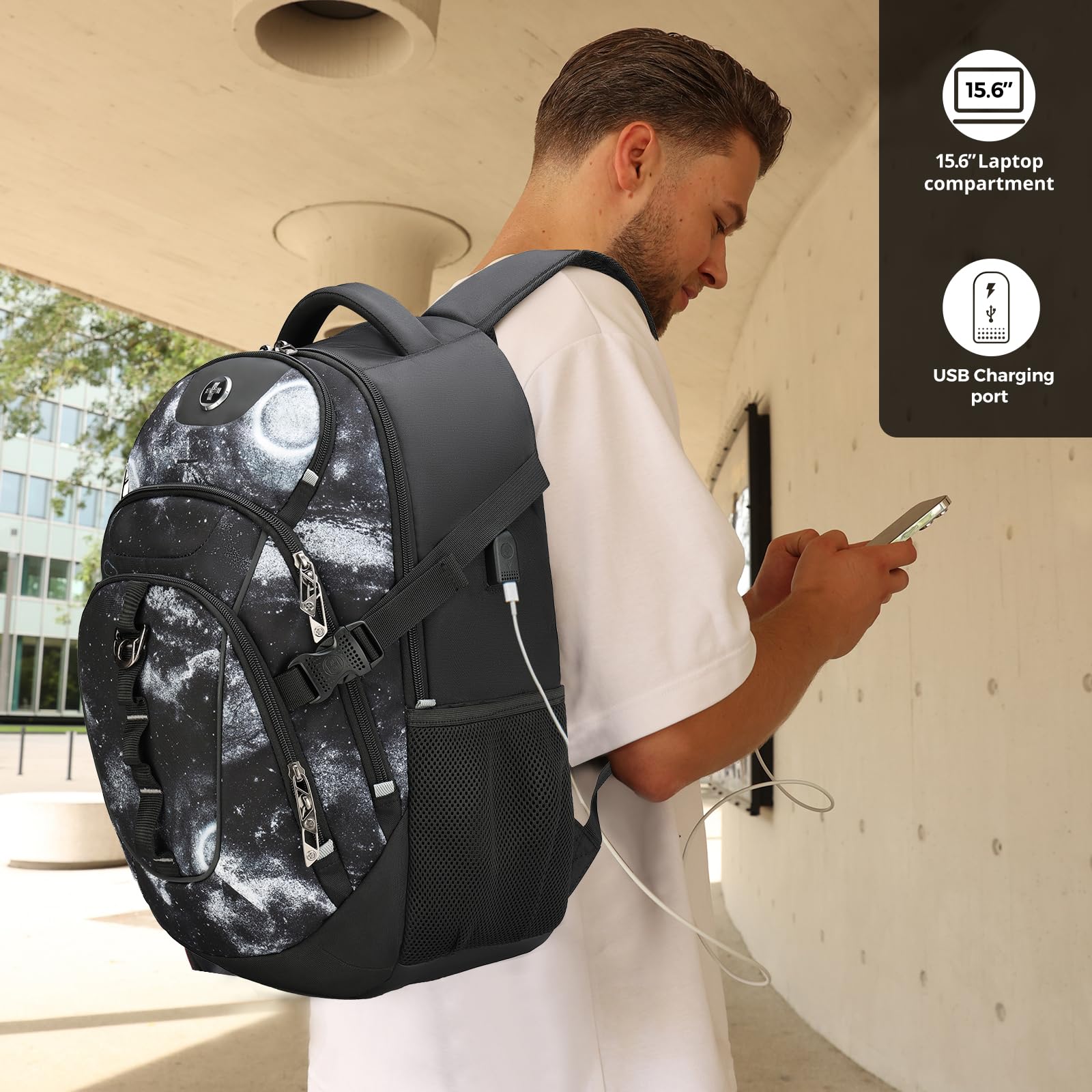 Swissdigital Design Laptop Backpack with USB Charging Port, Travel Backpack Fits 15.6 inches Computer, 31L College School Backpack for Men, Black | SD803-01
