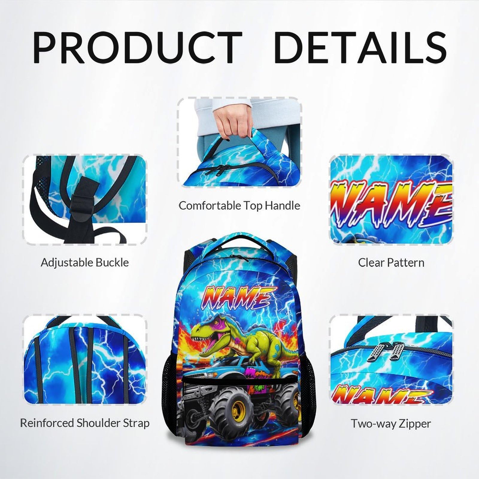 Dinosaur Backpack for Kids Personalized Boys Truck Bookbag with Name - 17 Inch Toddler School Bag with Padded Straps for Preschool Kindergarten Elementary
