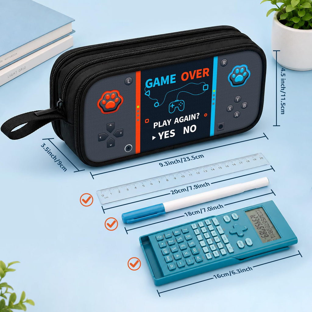 Game Controller Pencil Case for Boys Kids Teens, Large Capacity Pencil Pouch with 3 Compartments, 7 Pockets and Label Pocket for School College Office Travel (Red & Blue)