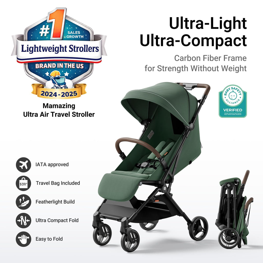 MAMAZING Ultra Air Lightweight Baby Travel Stroller with Carbon Fiber Frame, Compact & Airplane-Friendly, One-Handed Fold, 11.6 lbs, Perfect for Toddlers, Green