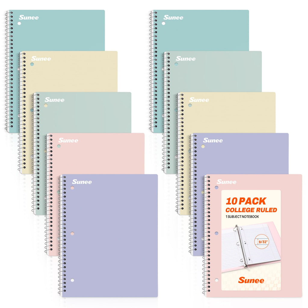 SUNEE Spiral Notebooks, 1-Subject, 5 Pack, College Ruled Paper, 8" x 10-1/2", 70 Sheets per Notebook,3-Hole Punched Paper, Pink,Purple, Blue, Green, Yellow Spiral Lined Notebooks for School,Work