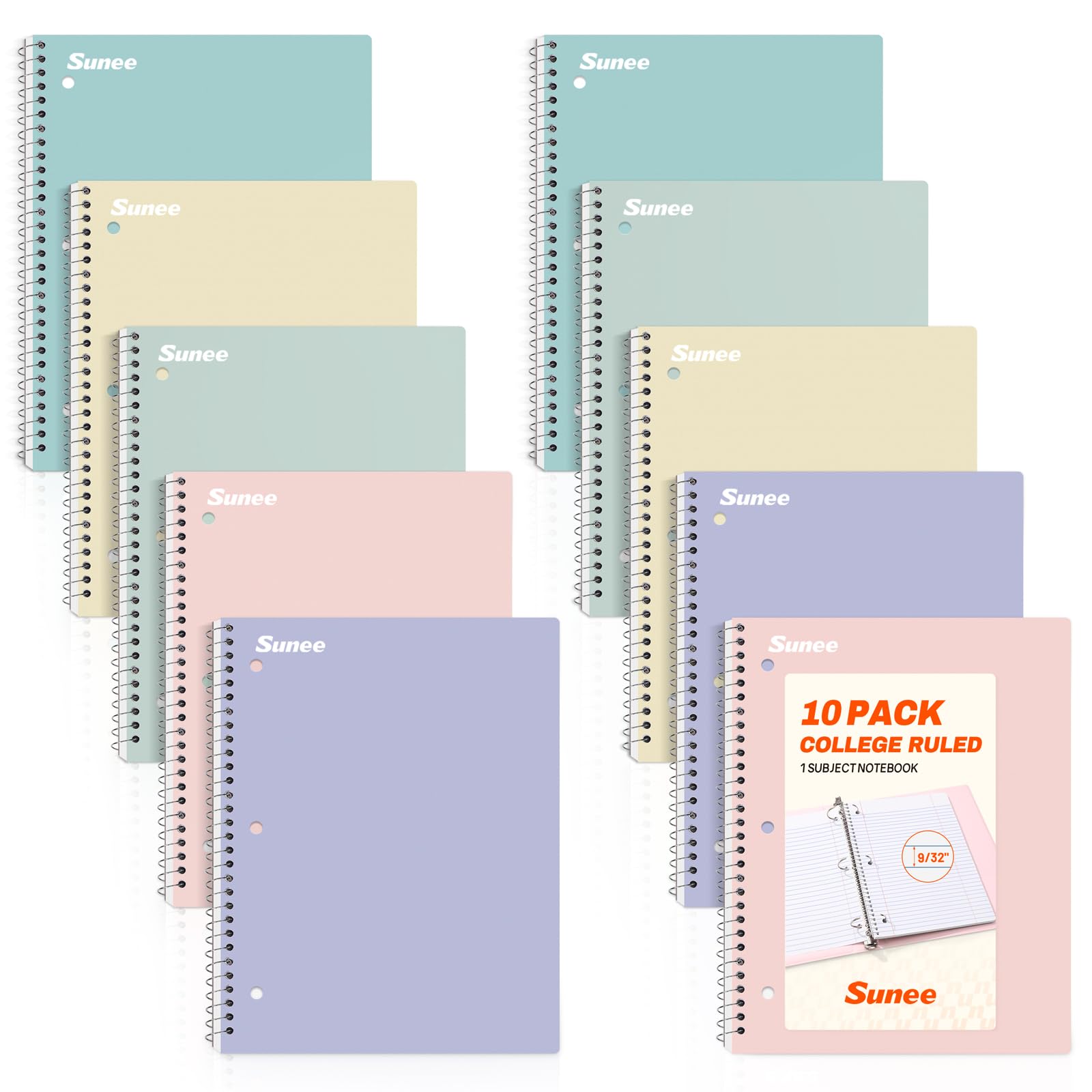 SUNEE Spiral Notebooks, 1-Subject, 5 Pack, College Ruled Paper, 8" x 10-1/2", 70 Sheets per Notebook,3-Hole Punched Paper, Pink,Purple, Blue, Green, Yellow Spiral Lined Notebooks for School,Work