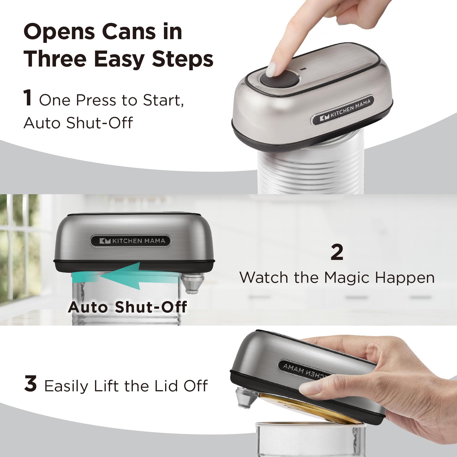 Kitchen Mama Orbit One Rechargeable Electric Can Opener: Hands-free, USB-C Charging, Automatic Stop, Smooth Edge, Safety, Blade for Large Cans, Heavy Duty, Soda and Pop Can, with Storage Box (Black)