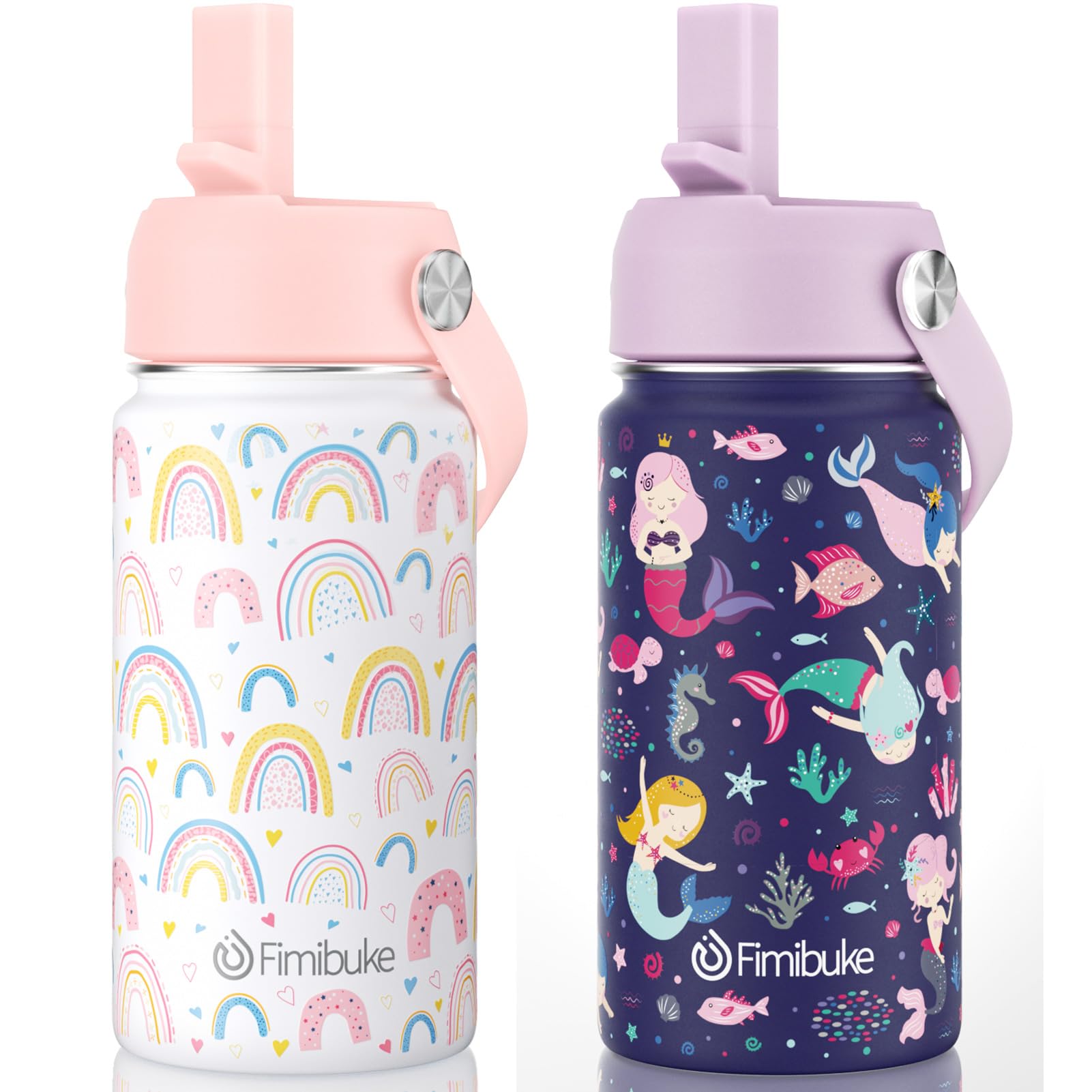 Fimibuke Kids Insulated Water Bottle, 14oz BPA FREE 18/8 Stainless Steel Travel Tumbler Double Wall Vacuum Leak Proof Kids Cup with Straw Metal Water Bottle for School Boys Girls(1 Pack, Rainbow)