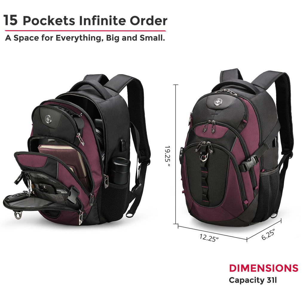 Swissdigital Design Laptop Backpack with USB Charging Port, Travel Backpack Fits 15.6 inches Computer, 31L College School Backpack for Men, Black | SD803-01