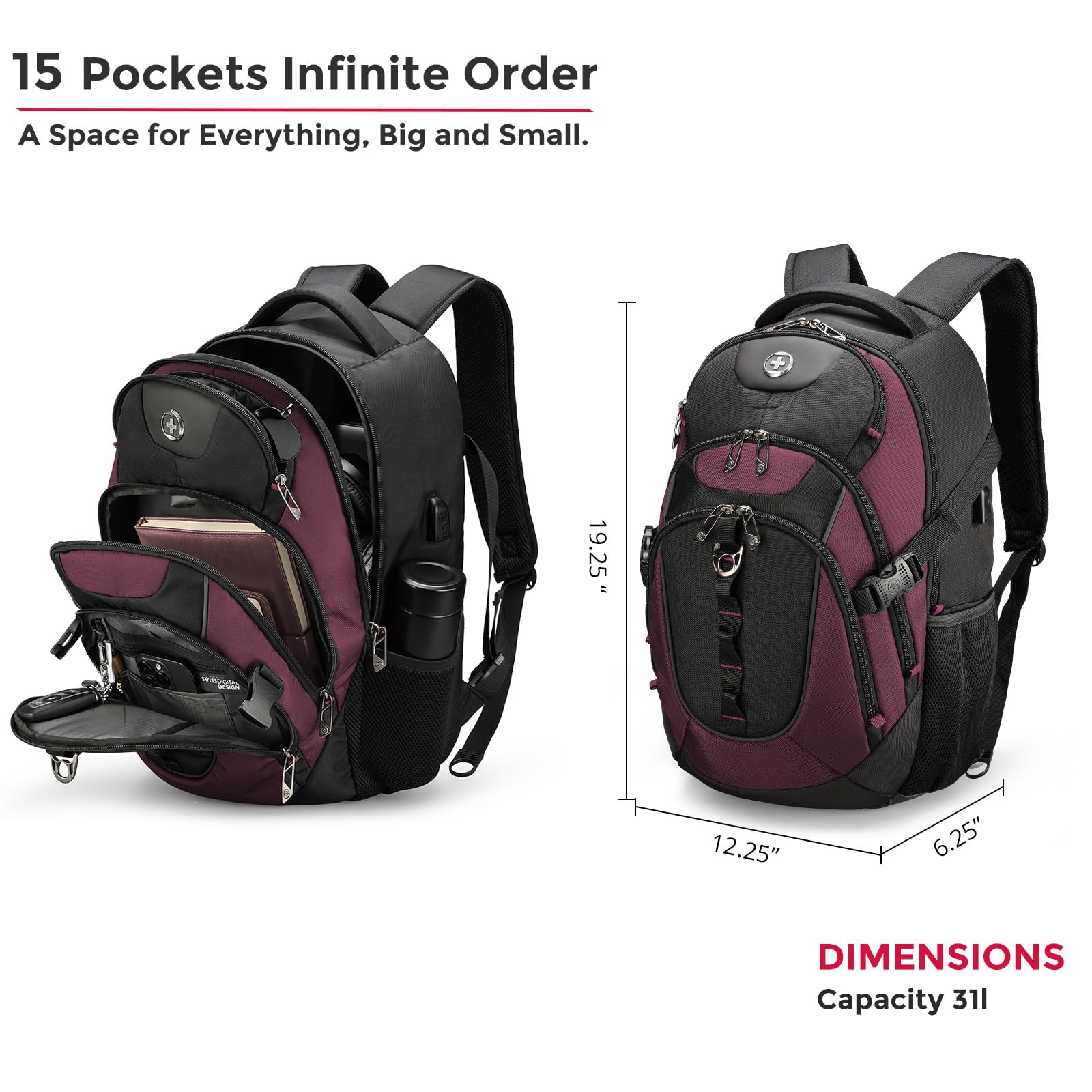 Swissdigital Design Laptop Backpack with USB Charging Port, Travel Backpack Fits 15.6 inches Computer, 31L College School Backpack for Men, Black | SD803-01