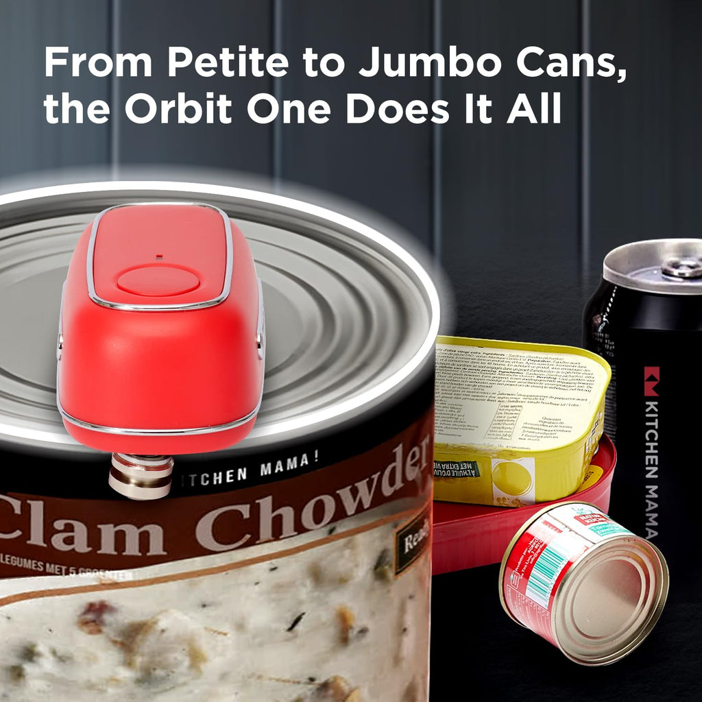Kitchen Mama Orbit One Rechargeable Electric Can Opener: Hands-free, USB-C Charging, Automatic Stop, Smooth Edge, Safety, Blade for Large Cans, Heavy Duty, Soda and Pop Can, with Storage Box (Black)