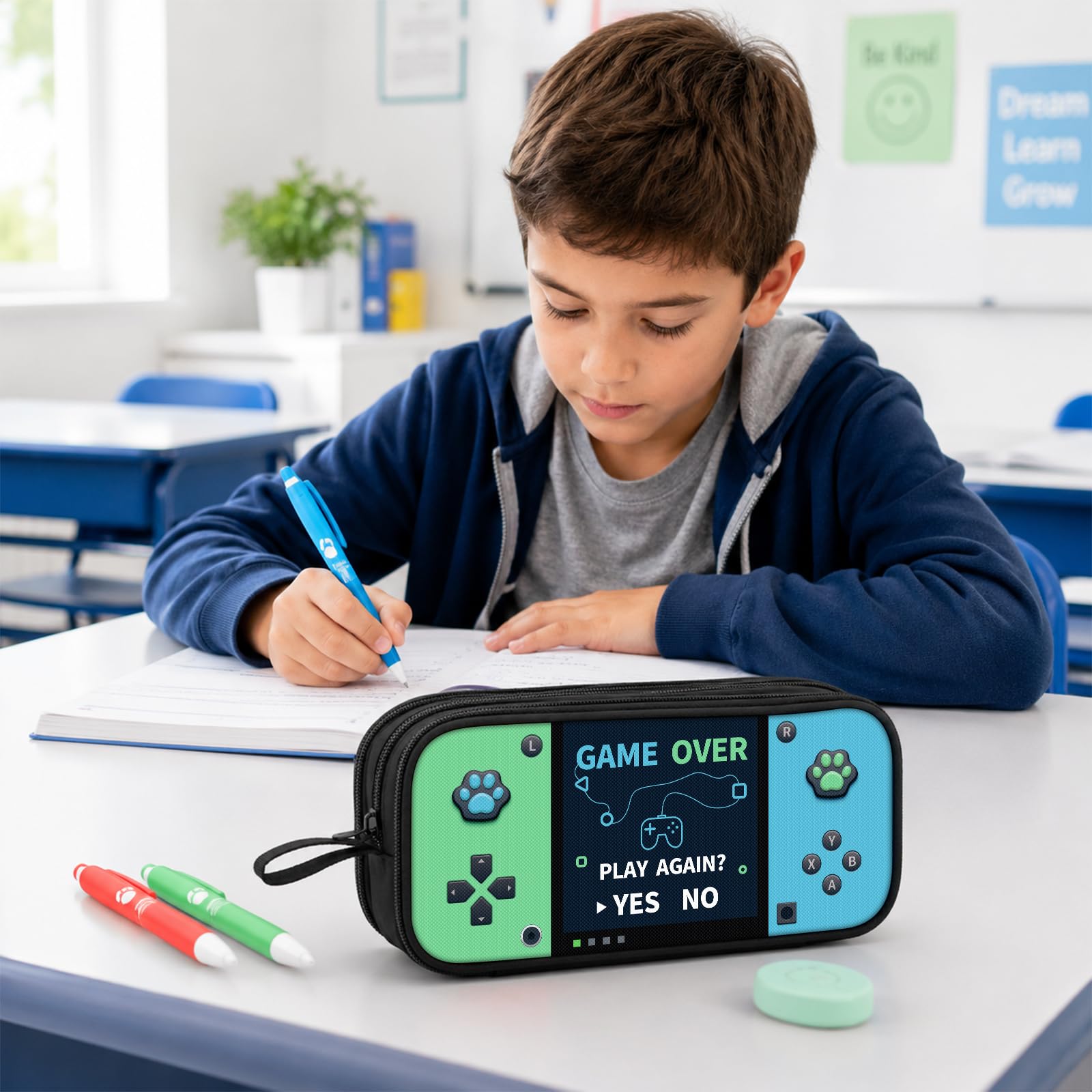 Game Controller Pencil Case for Boys Kids Teens, Large Capacity Pencil Pouch with 3 Compartments, 7 Pockets and Label Pocket for School College Office Travel (Red & Blue)