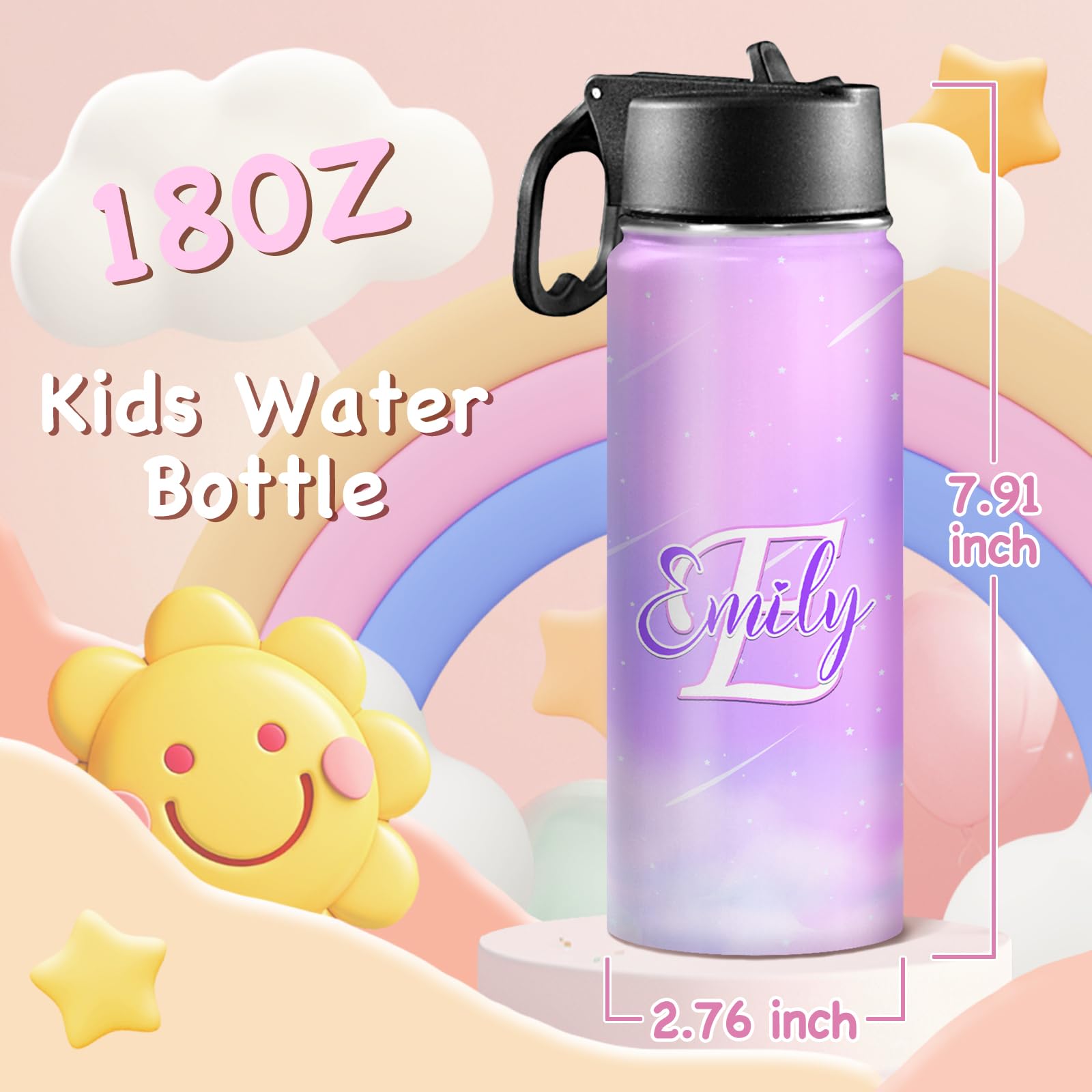 Back to School, Personalized Insulated Water Bottle for Kids 18oz Custom Name Stainless Steel Sports Water Bottles with Straw Lid Gifts for girls Boys woman man School Sports