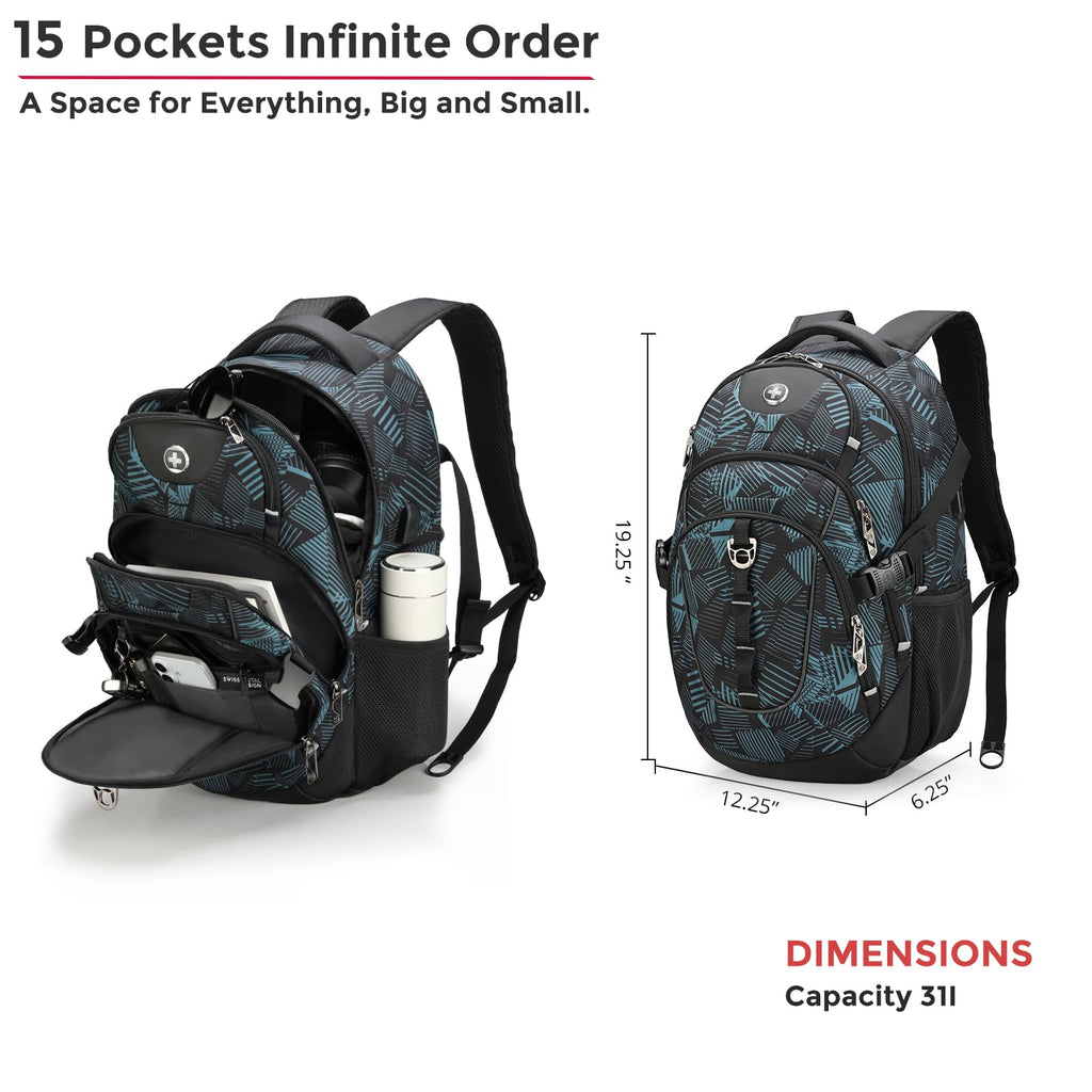 Swissdigital Design Laptop Backpack with USB Charging Port, Travel Backpack Fits 15.6 inches Computer, 31L College School Backpack for Men, Black | SD803-01