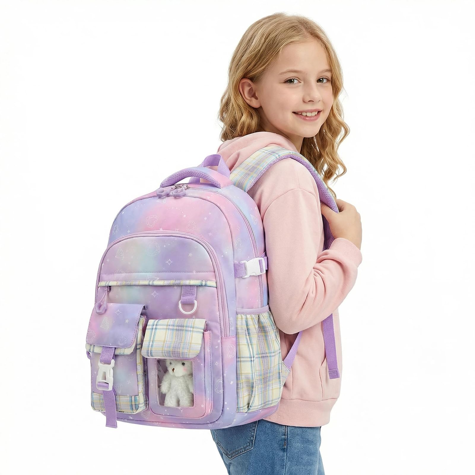 PRLINJSK Girls Backpack，Cute School Backpack for Girls Kids Teens，Kawaii Bookbag for Primary Elementary，Purple