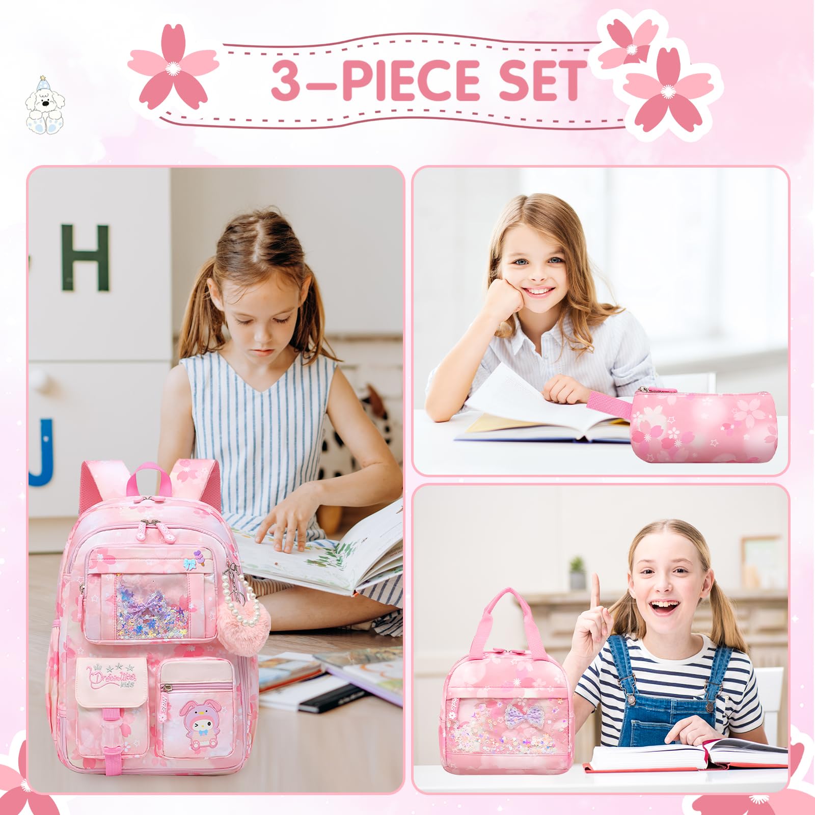 Lovely Girls Backpack School Bag for Students Kids Book Bag with Multiple Pockets Splash-proof Children's Backpack（17inch Pink）