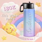 Back to School, Personalized Insulated Water Bottle for Kids 18oz Custom Name Stainless Steel Sports Water Bottles with Straw Lid Gifts for girls Boys woman man School Sports