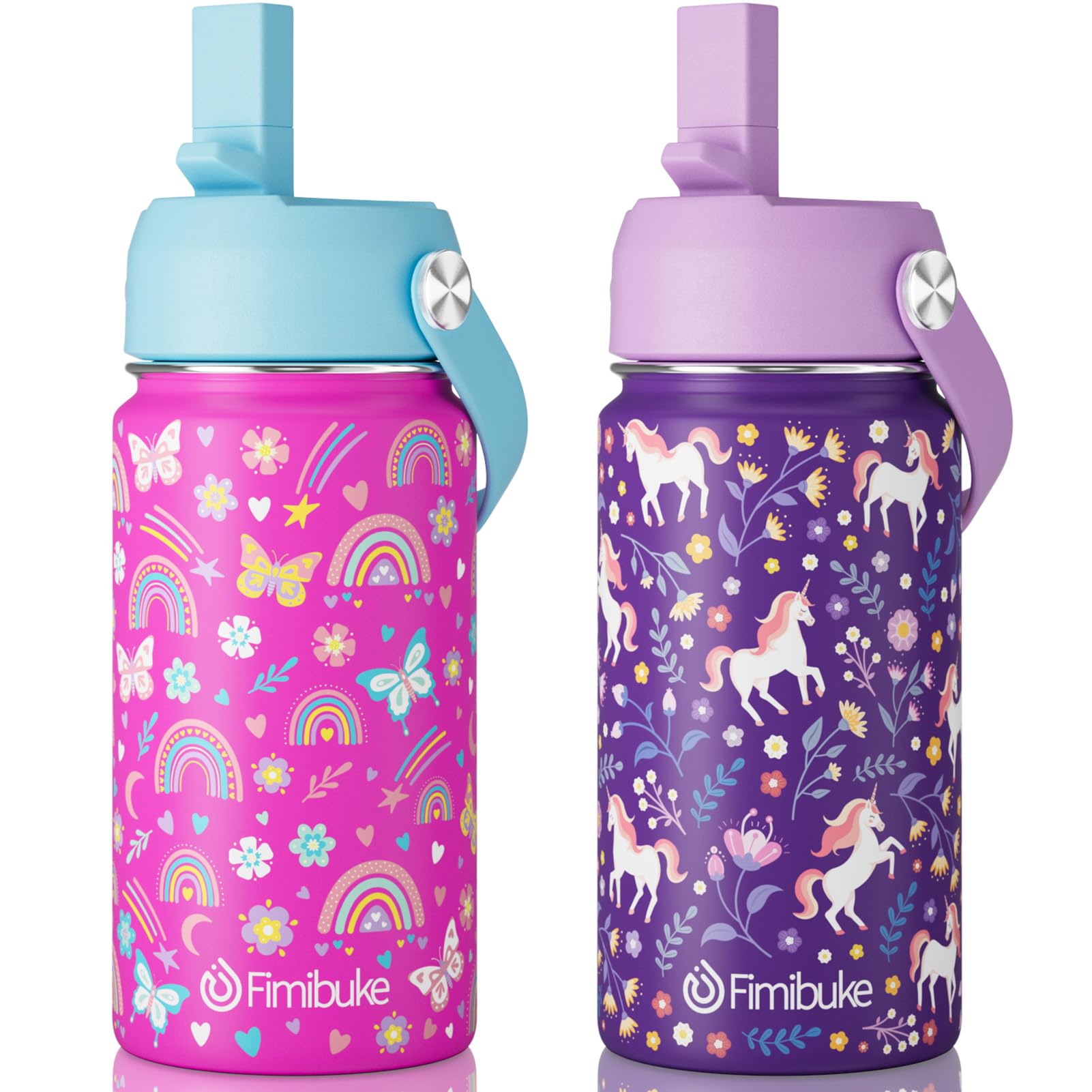 Fimibuke Kids Insulated Water Bottle, 14oz BPA FREE 18/8 Stainless Steel Travel Tumbler Double Wall Vacuum Leak Proof Kids Cup with Straw Metal Water Bottle for School Boys Girls(1 Pack, Rainbow)