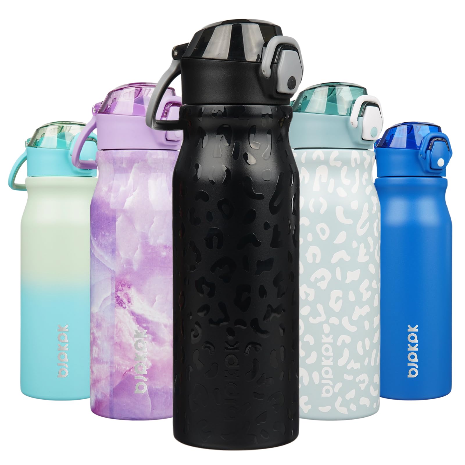 BJPKPK Insulated Water Bottle 18oz Stainless Steel Water Bottles with Straw and Carry Handle Double Wall Metal Thermal Flask,Light Blue Leopard