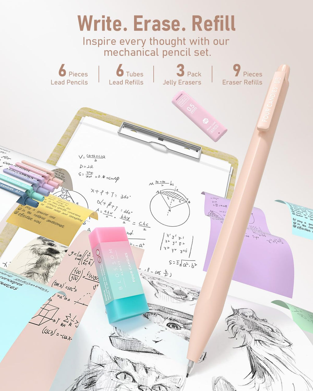 Four Candies 39 PCS Aesthetic Stationery Set with Cute Pen Case, College Supplies and Nursing Essentials, 12 Pastel Highlighters, 5 Black Gel Pens, 6 Mechanical Pencils, Pink