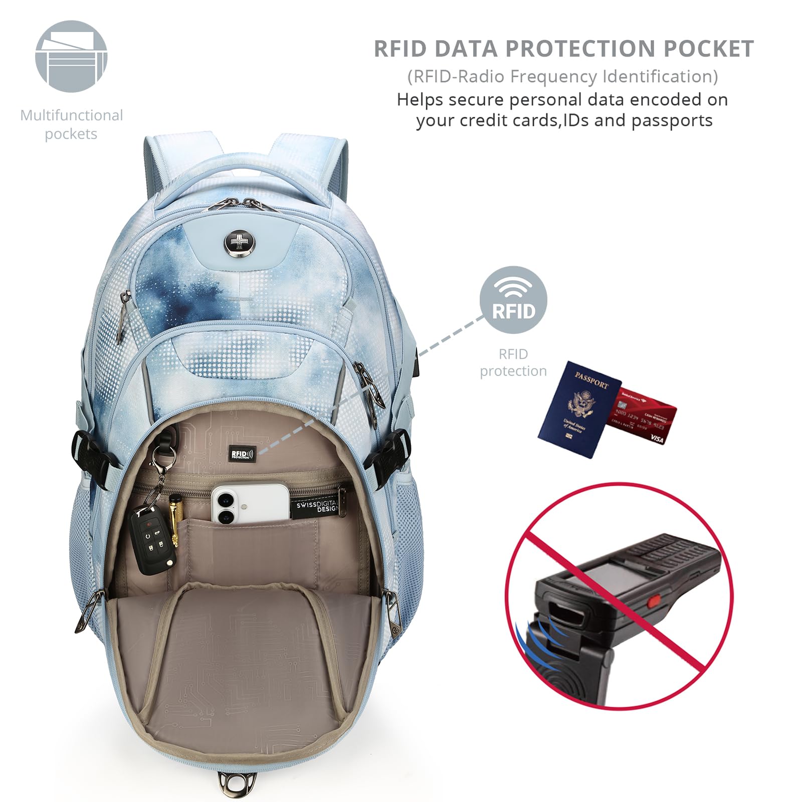 Swissdigital Design Laptop Backpack with USB Charging Port, Travel Backpack Fits 15.6 inches Computer, 31L College School Backpack for Men, Black | SD803-01