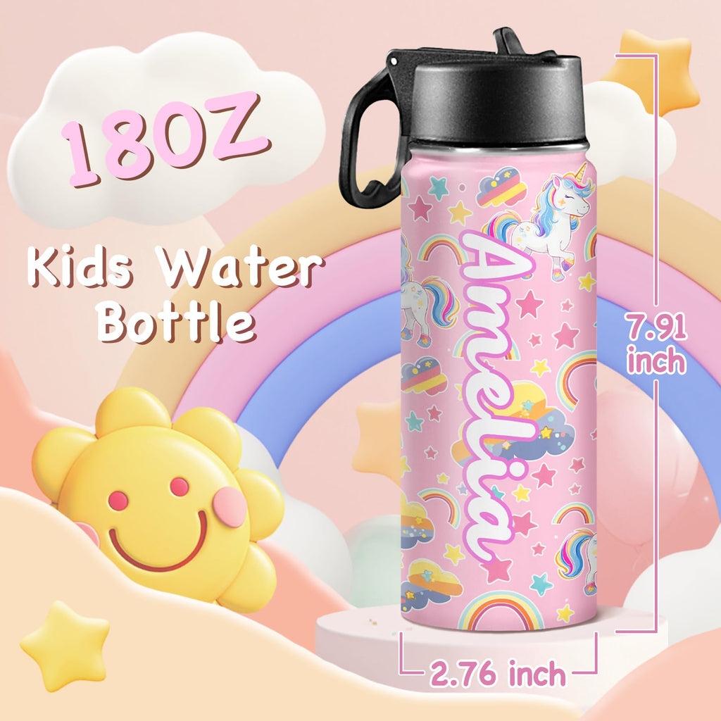 Back to School, Personalized Insulated Water Bottle for Kids 18oz Custom Name Stainless Steel Sports Water Bottles with Straw Lid Gifts for girls Boys woman man School Sports