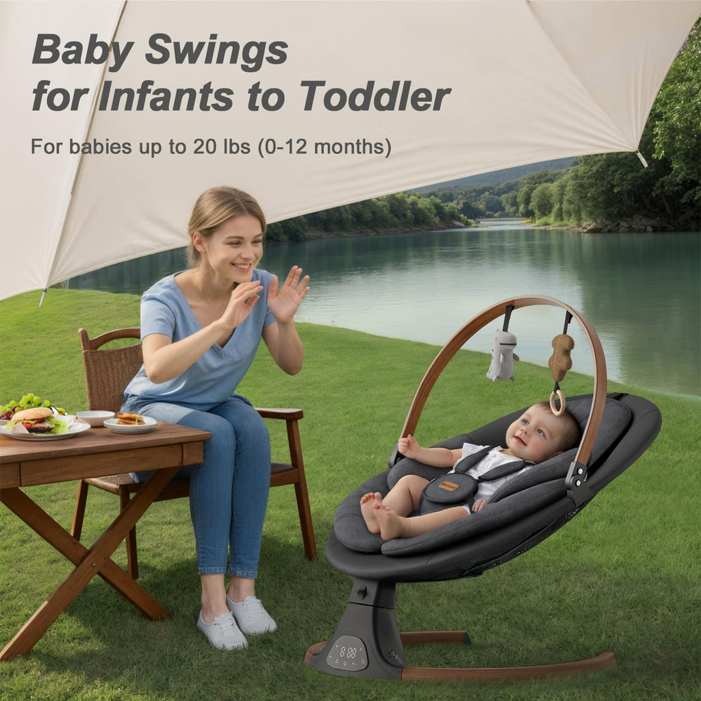 Baby Swings for Infants, Monamii Baby Swing, Bluetooth Infant Swing with Music Speaker, 5 Speeds and Remote Control, Indoor & Outdoor Use (Beige)