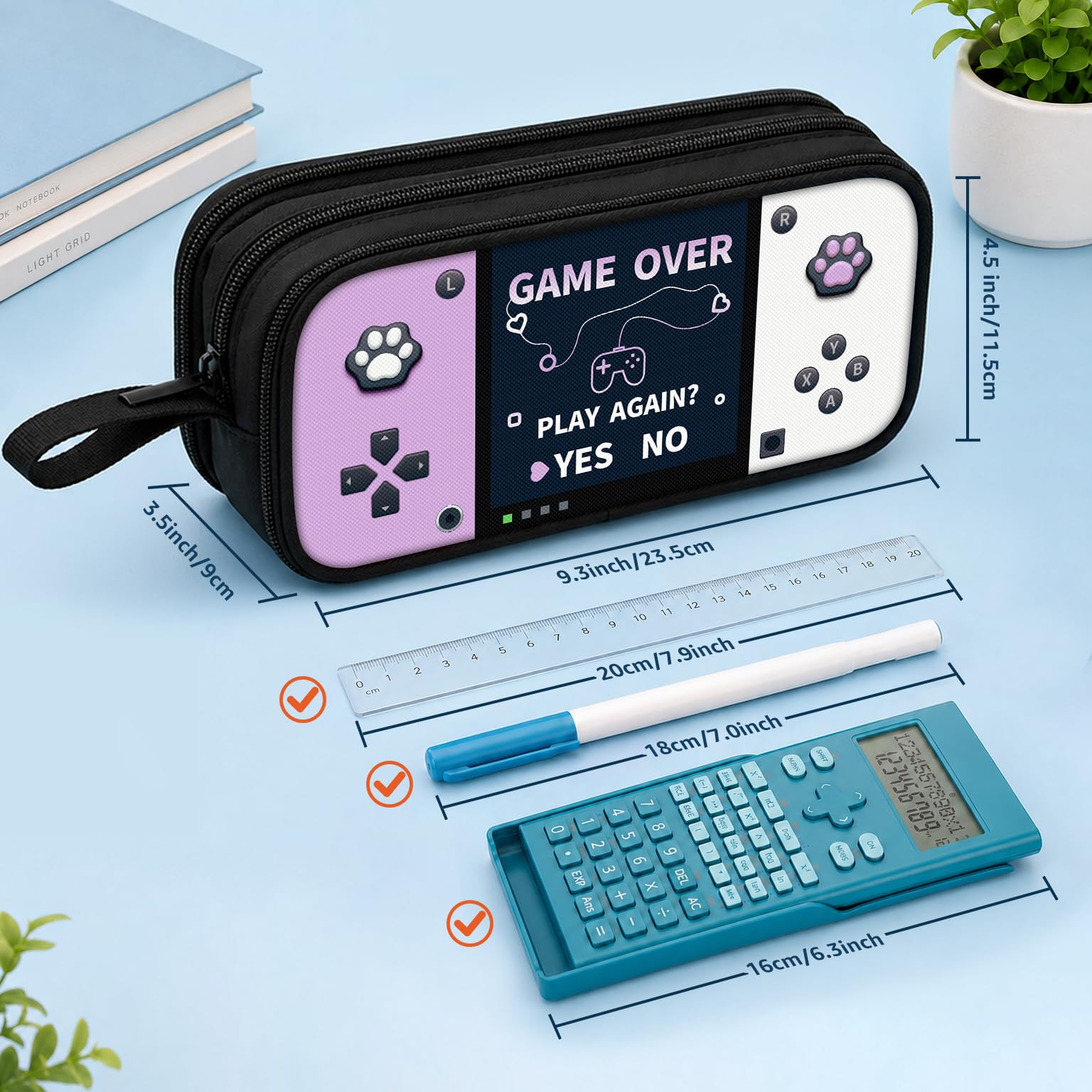 Game Controller Pencil Case for Boys Kids Teens, Large Capacity Pencil Pouch with 3 Compartments, 7 Pockets and Label Pocket for School College Office Travel (Red & Blue)