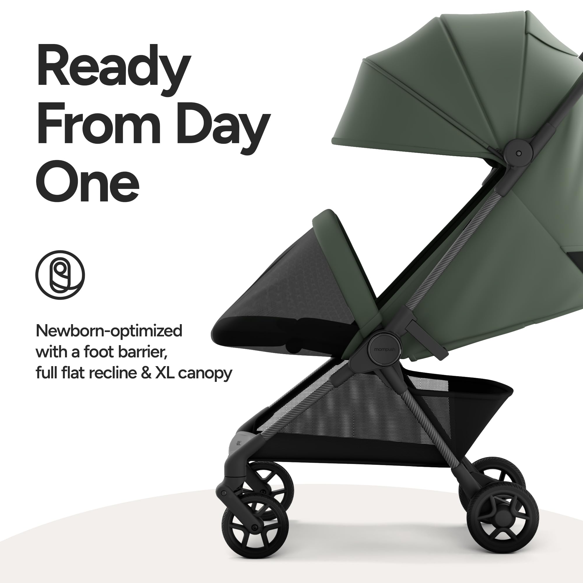 Mompush Nexis Carbon Travel Stroller, Ultra-Lightweight 11.5 lbs, Compact & Airplane Carry-On Approved, One-Second Auto-Fold, One-Hand Full Recline, from Birth to 50 lbs, JPMA Certified, Khaki