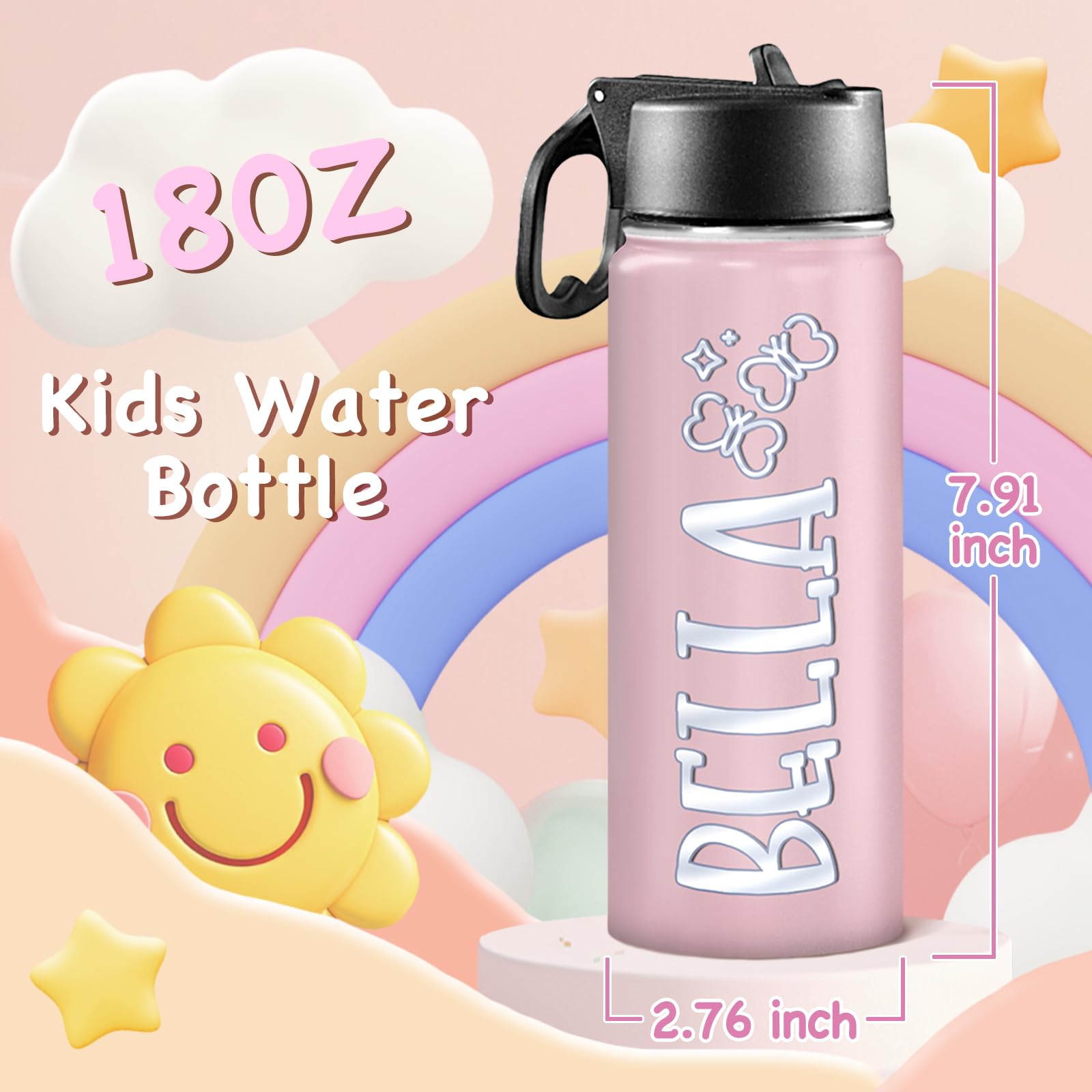 Back to School, Personalized Insulated Water Bottle for Kids 18oz Custom Name Stainless Steel Sports Water Bottles with Straw Lid Gifts for girls Boys woman man School Sports