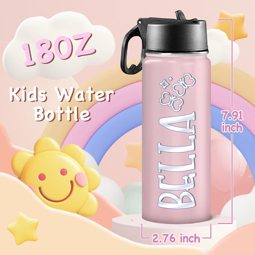 Back to School, Personalized Insulated Water Bottle for Kids 18oz Custom Name Stainless Steel Sports Water Bottles with Straw Lid Gifts for girls Boys woman man School Sports