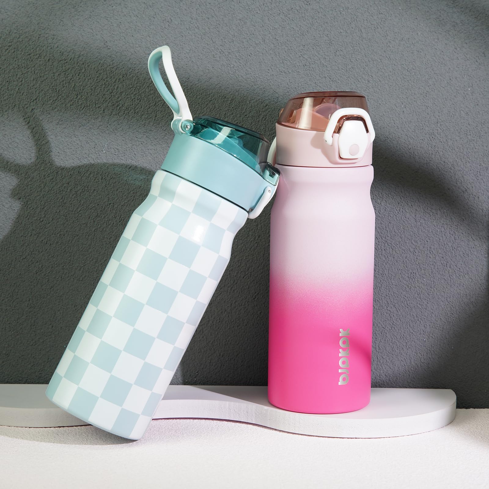 BJPKPK Insulated Water Bottle 18oz Stainless Steel Water Bottles with Straw and Carry Handle Double Wall Metal Thermal Flask,Light Blue Leopard