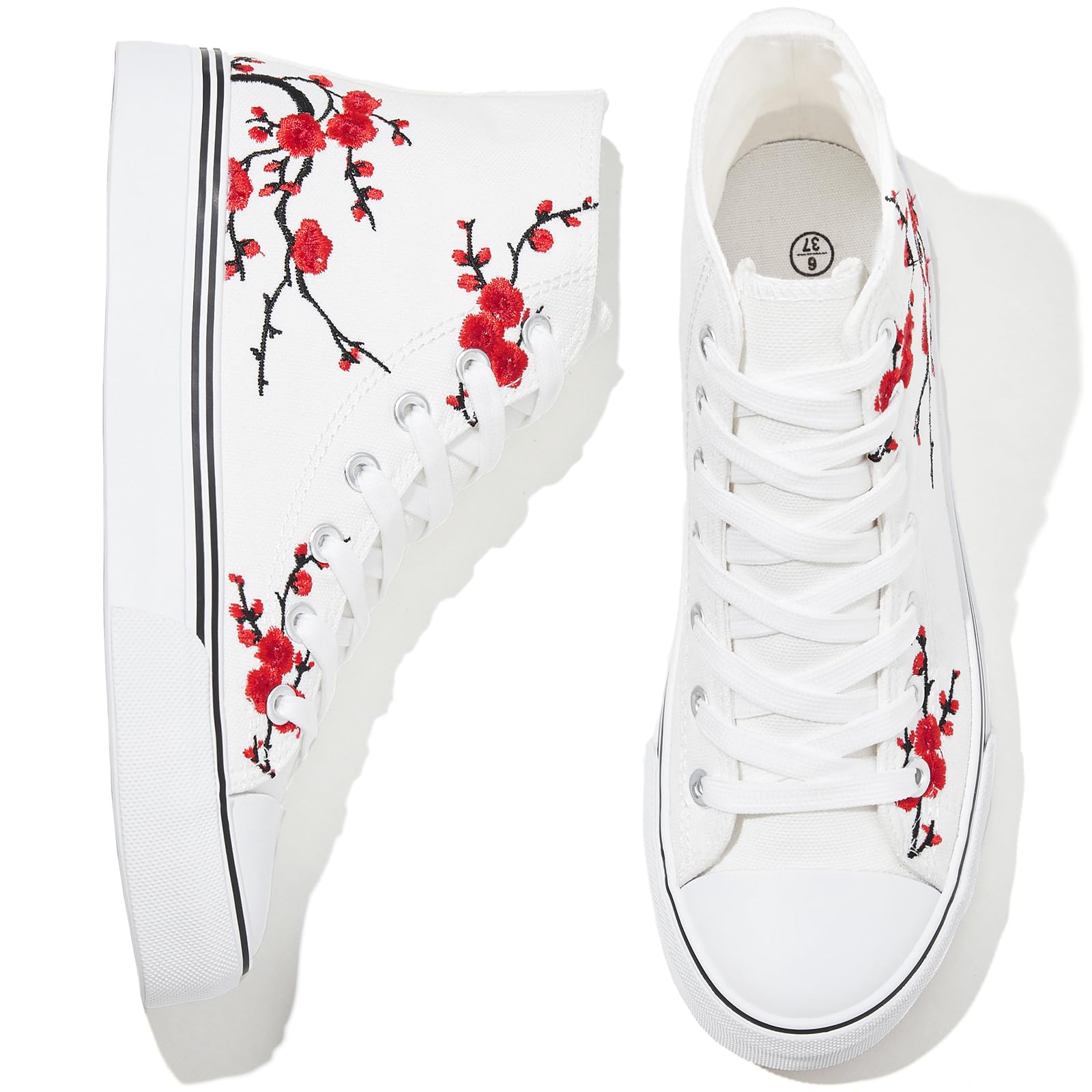 kufeiti Women's High Top Canvas Sneakers Canvas Shoes Lace up White Black Sneakers Casual Walking Shoes