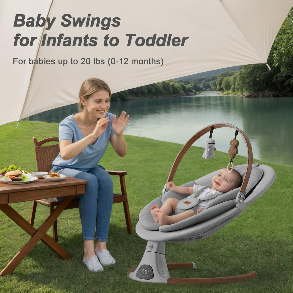 Baby Swings for Infants, Monamii Baby Swing, Bluetooth Infant Swing with Music Speaker, 5 Speeds and Remote Control, Indoor & Outdoor Use (Beige)