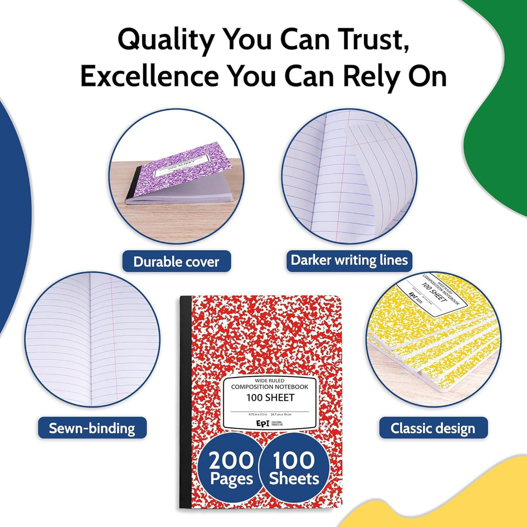 4 Pack - EPI Marble Hardcover Wide Ruled Composition Notebook | 200 Pages (100 Sheets), 9.75 x 7.5 in, Sturdy Sewn Binding | School, Office, Journaling, Notes