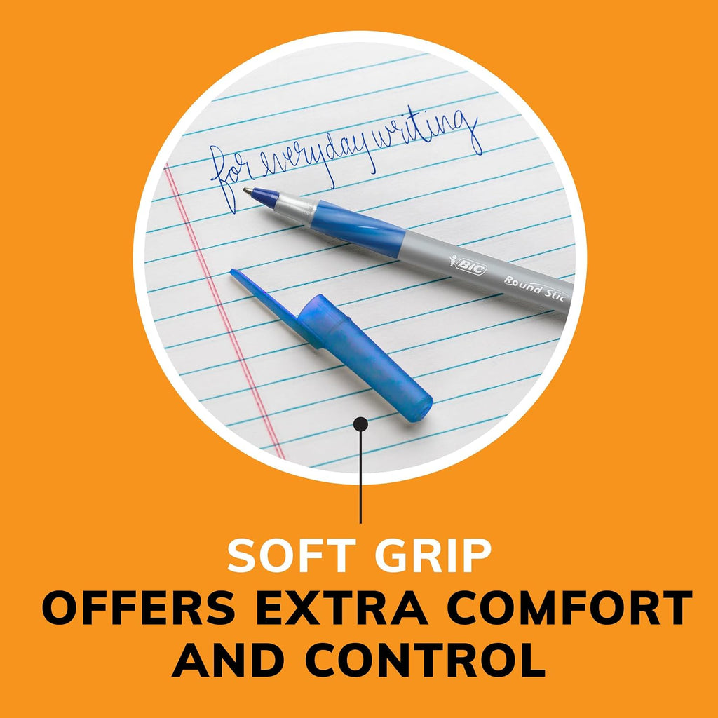 BIC Round Stic Grip Xtra Comfort Blue Ballpoint Pens, Medium Point (1.2mm), 12-Count Pack, Excellent Writing Pens With Soft Grip for Superb Comfort and Control