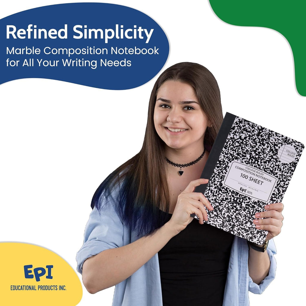 4 Pack - EPI Marble Hardcover Wide Ruled Composition Notebook | 200 Pages (100 Sheets), 9.75 x 7.5 in, Sturdy Sewn Binding | School, Office, Journaling, Notes