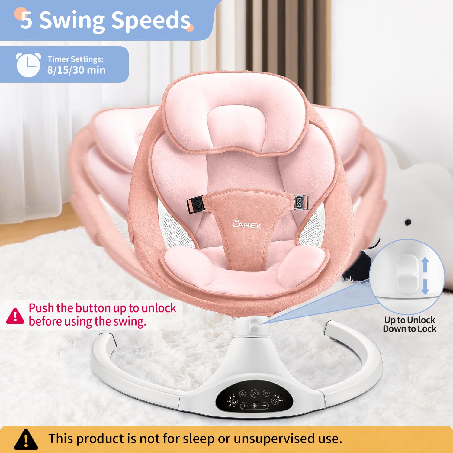 LAREX Baby Swing Infant Swing Electric Toddler Baby Rocker Portable for Newborn Boy Girl, 5 Sway Speeds with Remote Control, 10 Preset Melodies and Bluetooth, 0-6 Months Max 20 Lbs (Black)