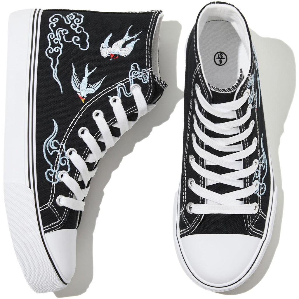 kufeiti Women's High Top Canvas Sneakers Canvas Shoes Lace up White Black Sneakers Casual Walking Shoes
