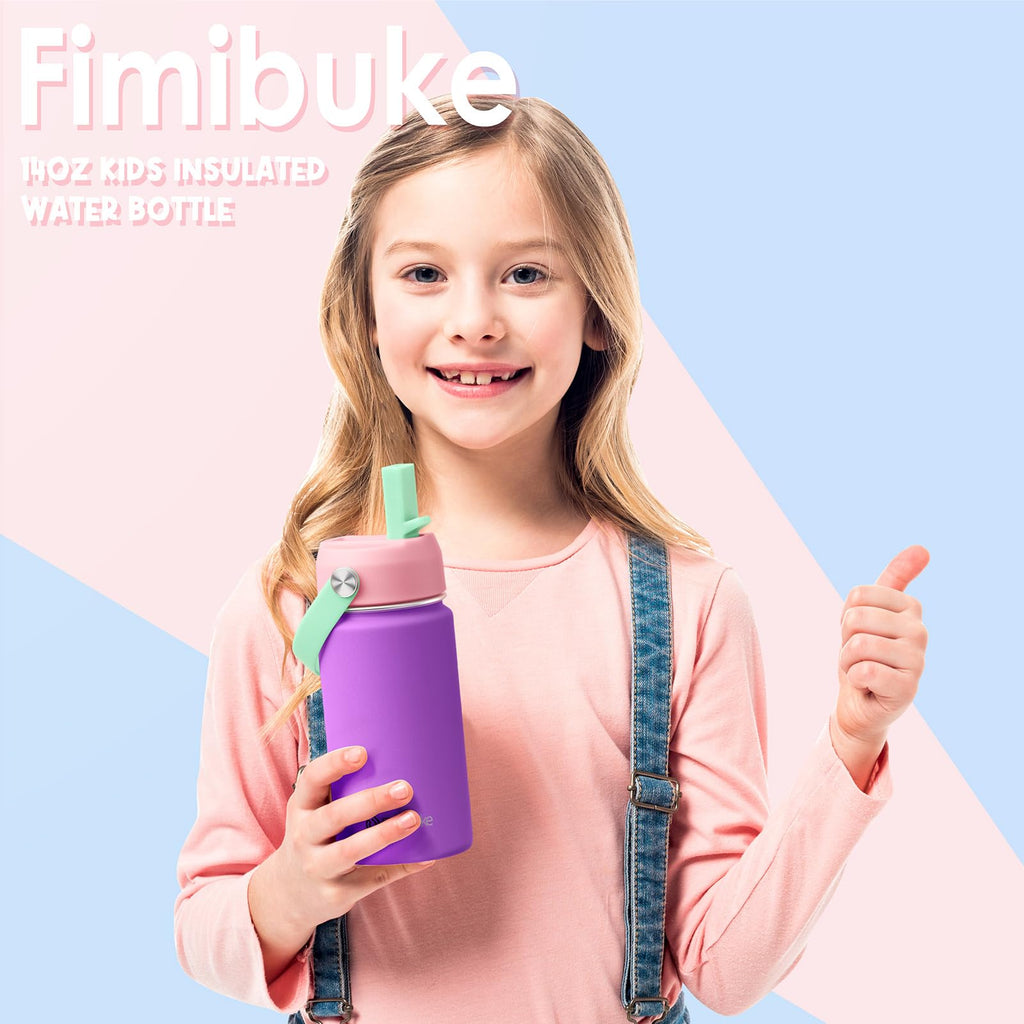 Fimibuke Kids Insulated Water Bottle, 14oz BPA FREE 18/8 Stainless Steel Travel Tumbler Double Wall Vacuum Leak Proof Kids Cup with Straw Metal Water Bottle for School Boys Girls(1 Pack, Rainbow)