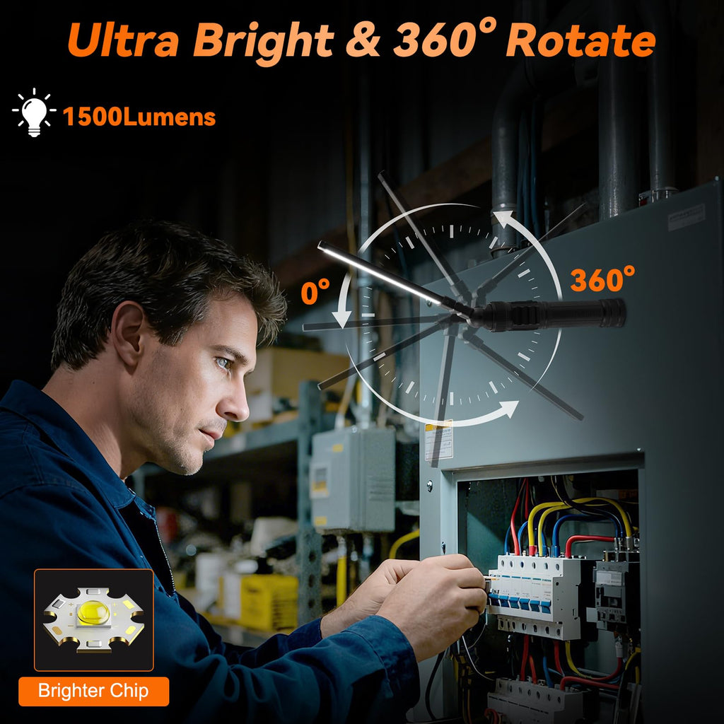 2Pack Magnetic Rechargeable LED Work Light/Flashlight for Mechanics | All Aluminum, 1500 High Lumens, Digital Display, 7 Modes, 360° Rotation, for Car Repairing, Emergency, Gifts for Father