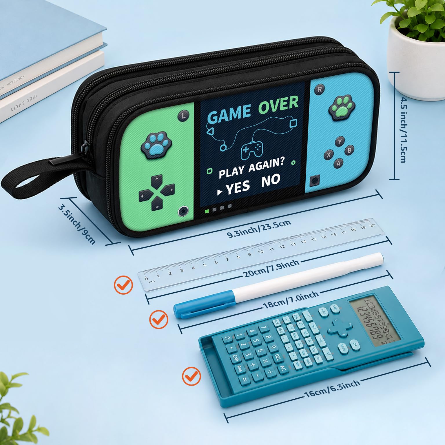Game Controller Pencil Case for Boys Kids Teens, Large Capacity Pencil Pouch with 3 Compartments, 7 Pockets and Label Pocket for School College Office Travel (Red & Blue)