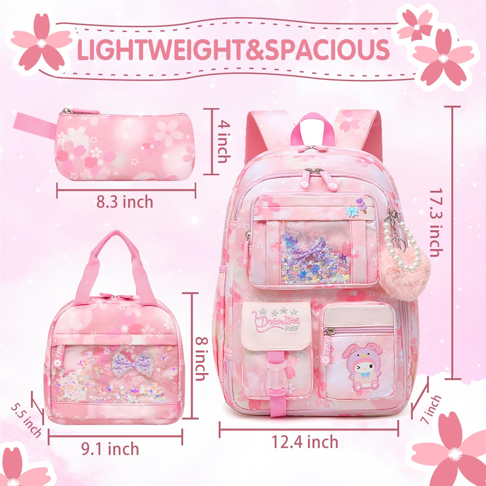 Lovely Girls Backpack School Bag for Students Kids Book Bag with Multiple Pockets Splash-proof Children's Backpack（17inch Pink）