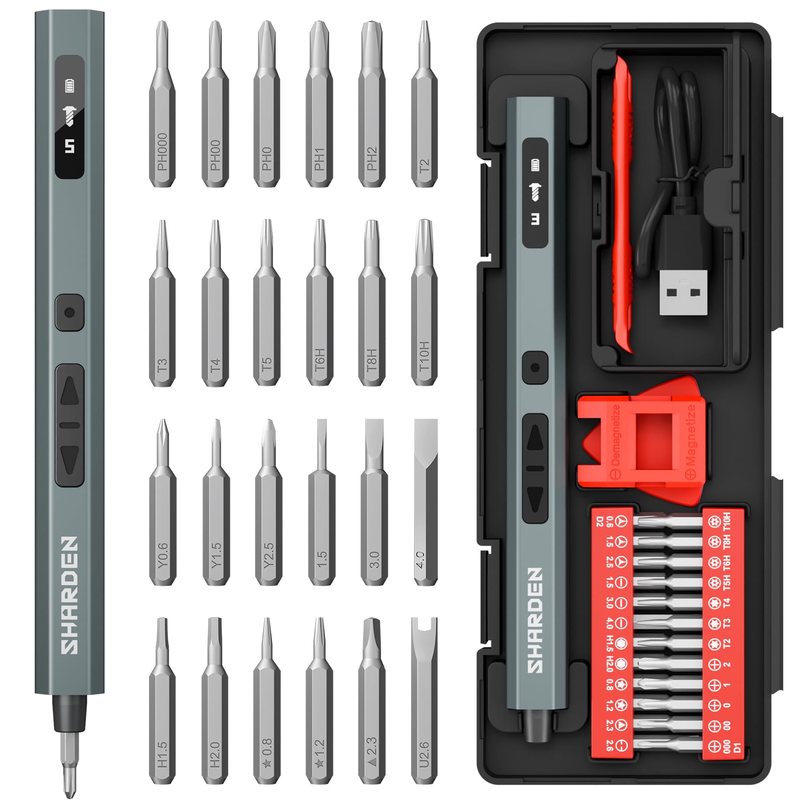 SHARDEN Mini Electric Screwdriver, 29 in 1 Small Electric Screw Driver Kit with 24 Magnetic Bits, Precision Cordless Repair Tool for Phone, Camera, Laptop, Watch