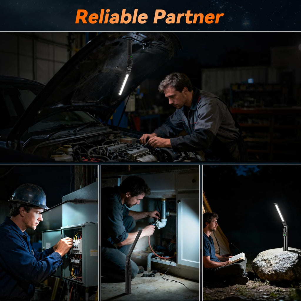 2Pack Magnetic Rechargeable LED Work Light/Flashlight for Mechanics | All Aluminum, 1500 High Lumens, Digital Display, 7 Modes, 360° Rotation, for Car Repairing, Emergency, Gifts for Father