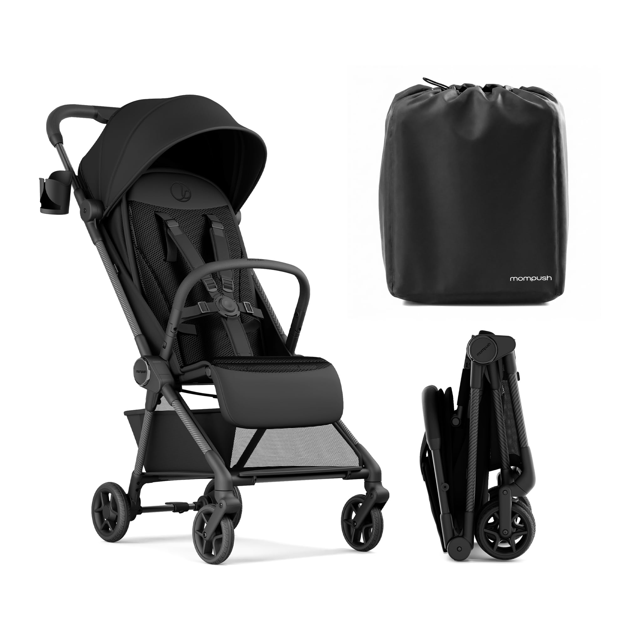 Mompush Nexis Carbon Travel Stroller, Ultra-Lightweight 11.5 lbs, Compact & Airplane Carry-On Approved, One-Second Auto-Fold, One-Hand Full Recline, from Birth to 50 lbs, JPMA Certified, Khaki